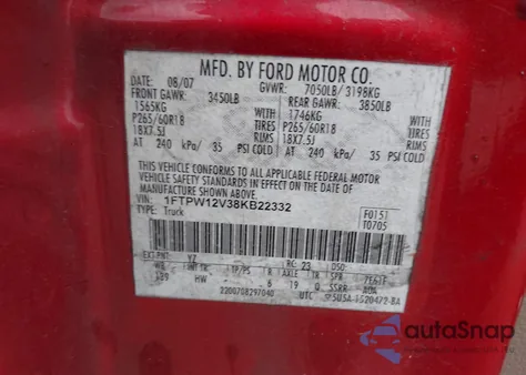 2008 Ford F-150 60Th Anniversary/Fx2/King Ranch/Lariat/Xlt z USA, uszkodzony, nr VIN 1FTPW12V38KB22332